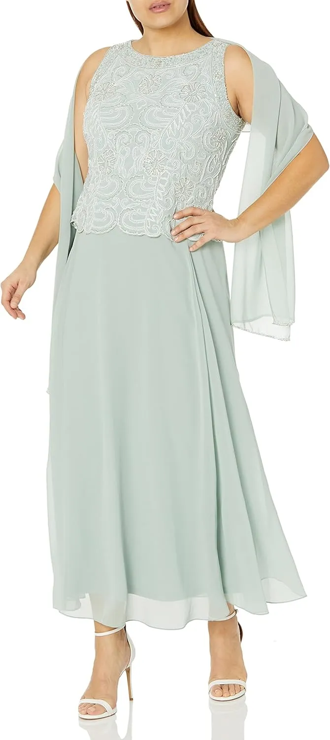 J Kara Women's Plus Size Sleeveless Scallop Long Beaded Dress with Scarf