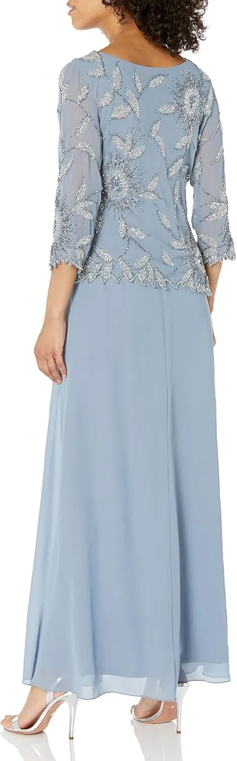 J Kara Women's Scoop Neck Line with 3/4 Sleeve Beaded Top Long Dress