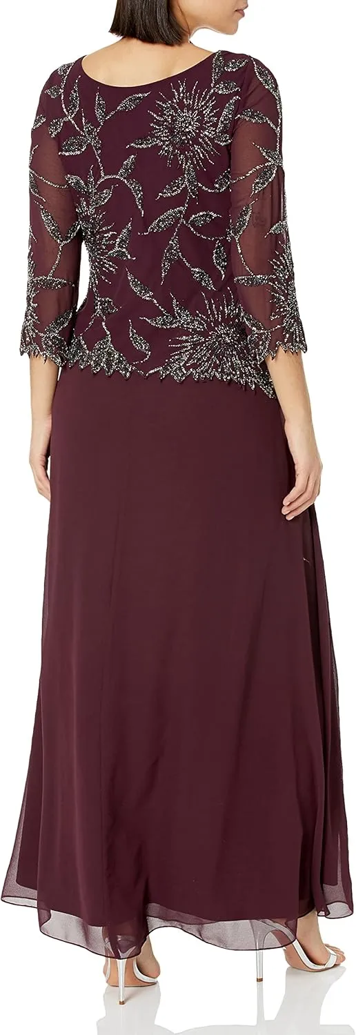 J Kara Women's Scoop Neck Line with 3/4 Sleeve Beaded Top Long Dress