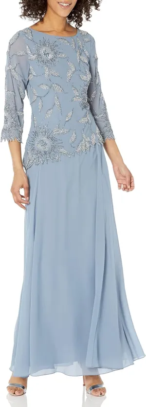 J Kara Women's Scoop Neck Line with 3/4 Sleeve Beaded Top Long Dress