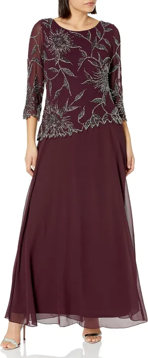 J Kara Women's Scoop Neck Line with 3/4 Sleeve Beaded Top Long Dress
