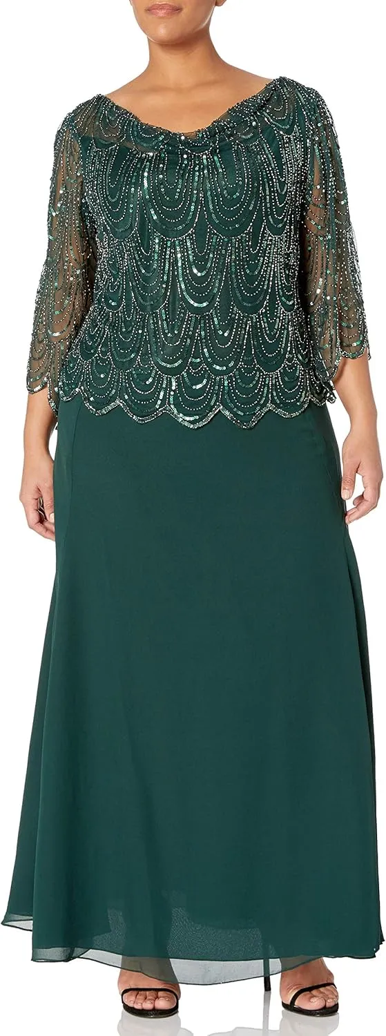 J Kara Women's Size 3/4 Scallop Beaded Pop Over Gown Plus
