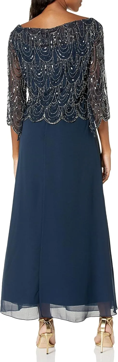 J Kara Women's Size 3/4 Scallop Beaded Pop Over Gown Plus