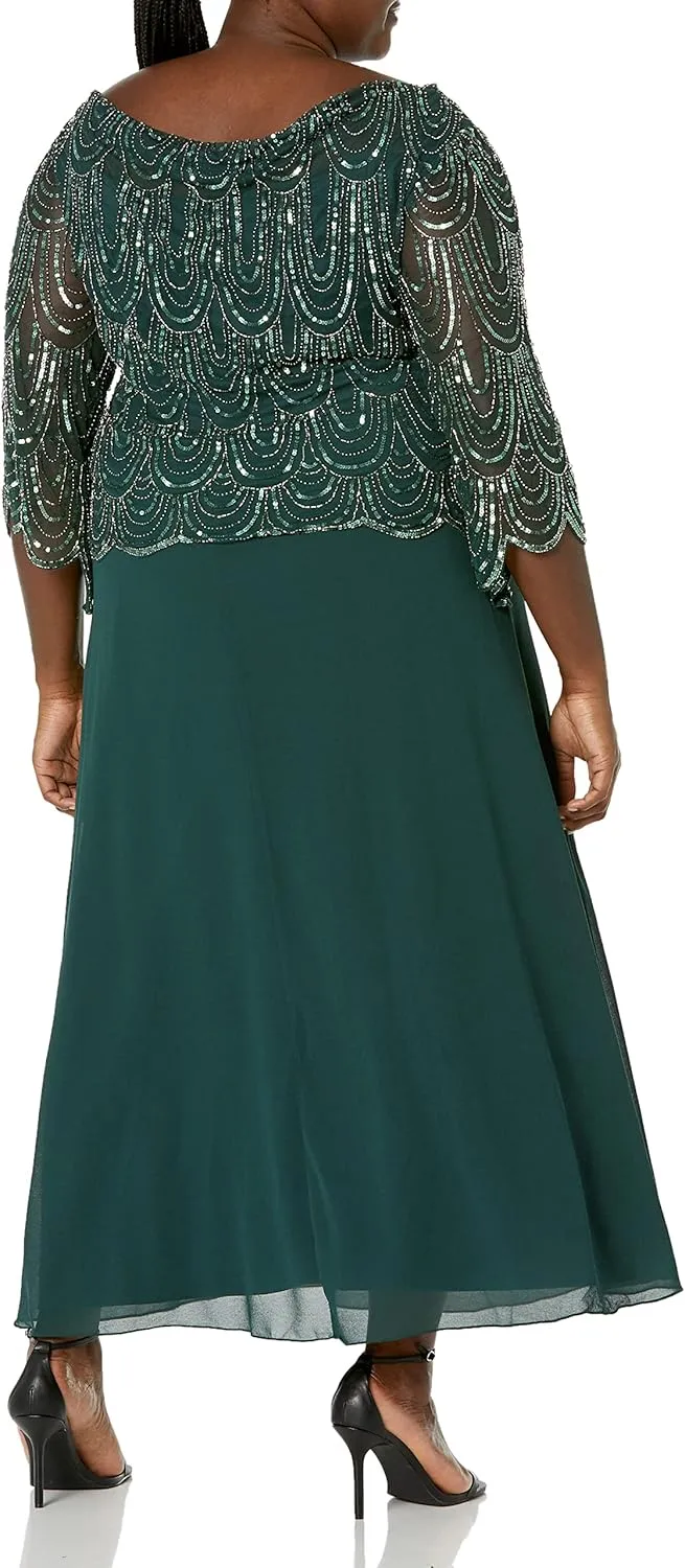 J Kara Women's Size 3/4 Scallop Beaded Pop Over Gown Plus