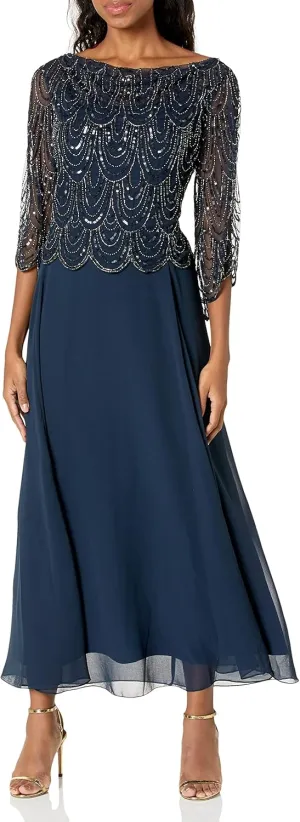 J Kara Women's Size 3/4 Scallop Beaded Pop Over Gown Plus