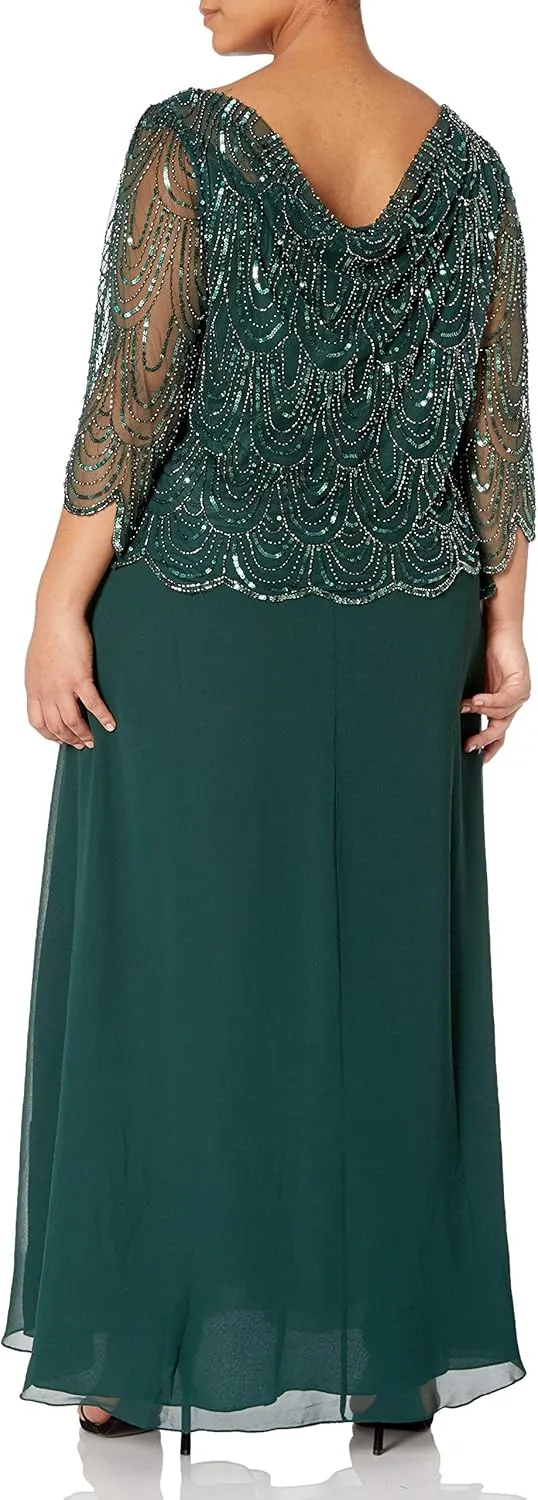 J Kara Women's Size 3/4 Scallop Beaded Pop Over Gown Plus