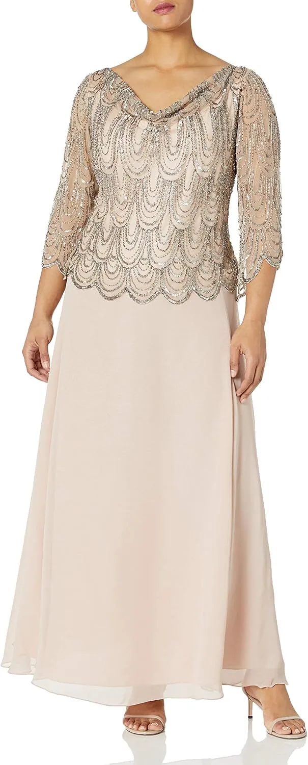 J Kara Women's Size 3/4 Scallop Beaded Pop Over Gown Plus