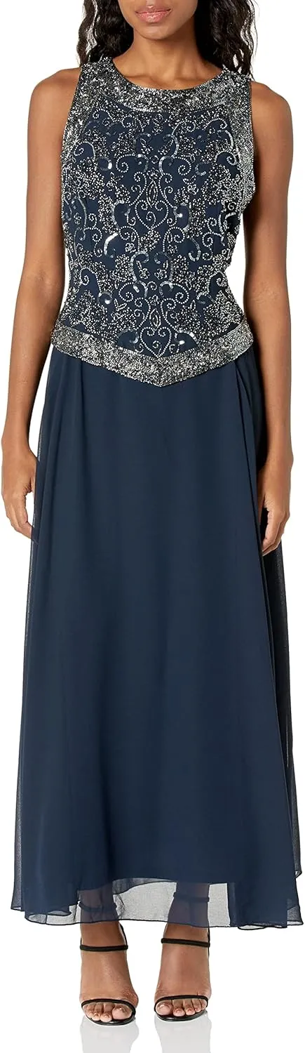 J Kara Women's Sleeveless Mock 2 Piece Beaded Bodice Flare Dress