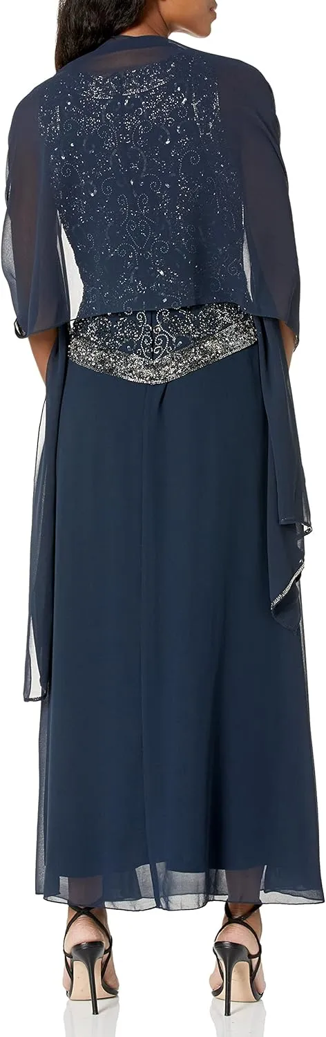 J Kara Women's Sleeveless Mock 2 Piece Beaded Bodice Flare Dress