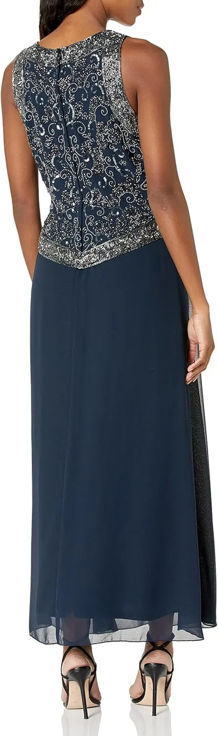 J Kara Women's Sleeveless Mock 2 Piece Beaded Bodice Flare Dress