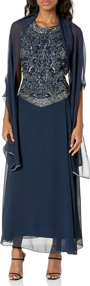 J Kara Women's Sleeveless Mock 2 Piece Beaded Bodice Flare Dress