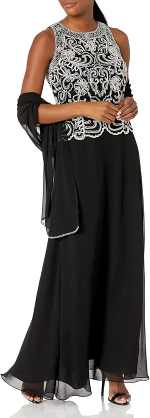 J Kara Women's Sleeveless Scallop Long Beaded Dress with Scarf