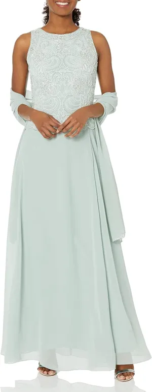 J Kara Women's Sleeveless Scallop Long Beaded Dress with Scarf