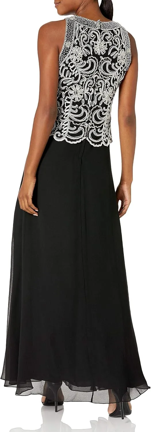 J Kara Women's Sleeveless Scallop Long Beaded Dress with Scarf