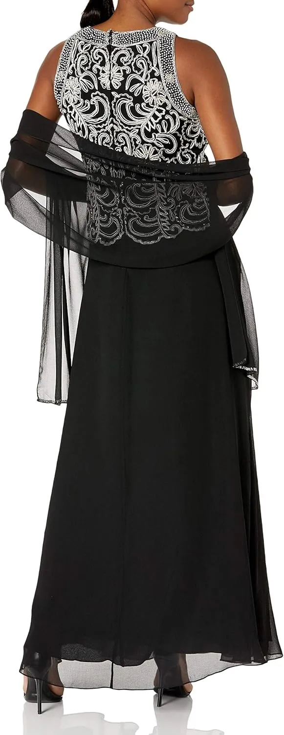 J Kara Women's Sleeveless Scallop Long Beaded Dress with Scarf