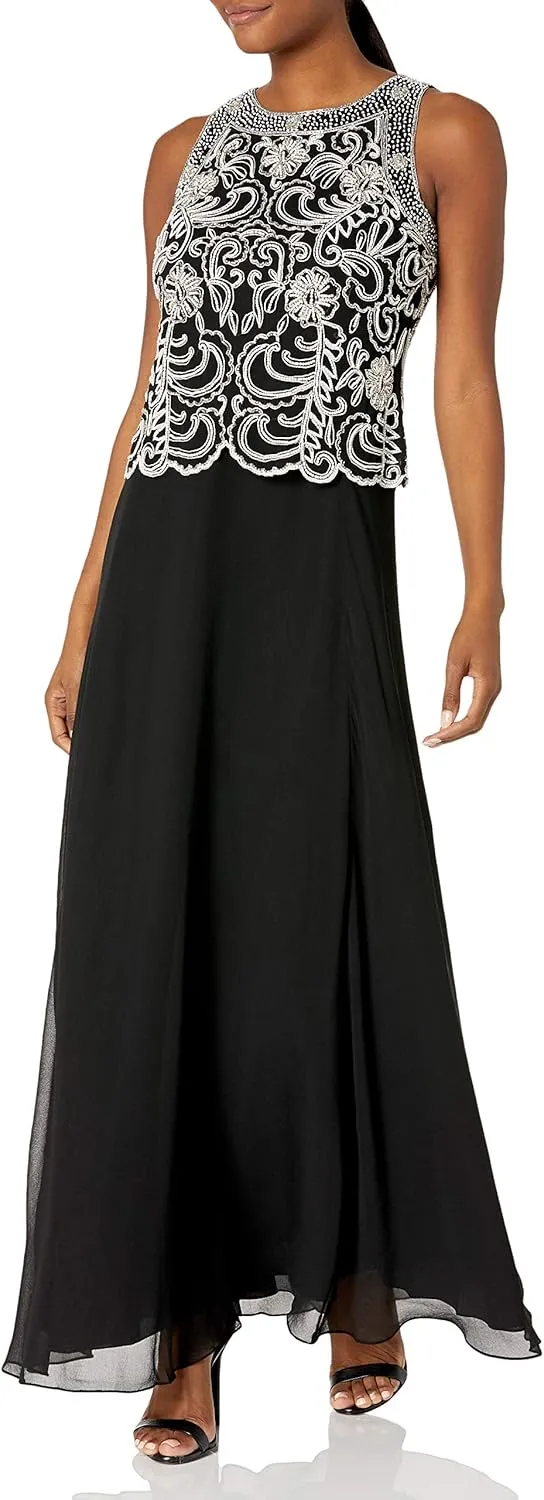 J Kara Women's Sleeveless Scallop Long Beaded Dress with Scarf
