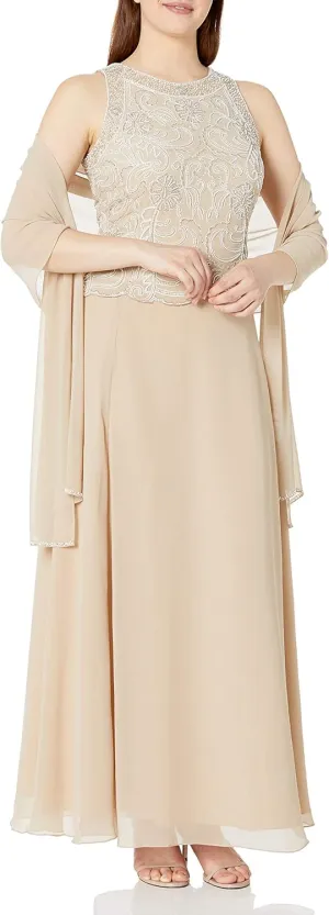 J Kara Women's Sleeveless Scallop Long Beaded Dress W/Scarf