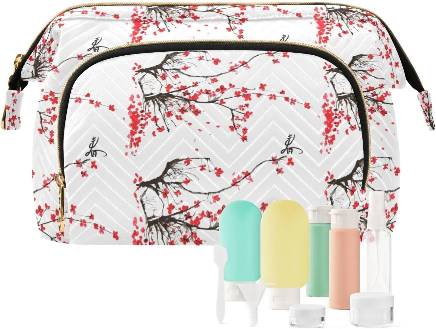 Japanese Cherry Tree Branches with Red Flowers on White Background Women Cosmetic Bag Makeup Bag Stylish Trip Beauty Bag Travel Toiletry Bag with Bottle Organizer 10.2 x 5.9 x 6.7 inch