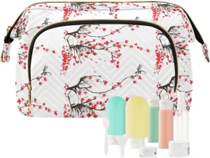 Japanese Cherry Tree Branches with Red Flowers on White Background Women Cosmetic Bag Makeup Bag Stylish Trip Beauty Bag Travel Toiletry Bag with Bottle Organizer 10.2 x 5.9 x 6.7 inch