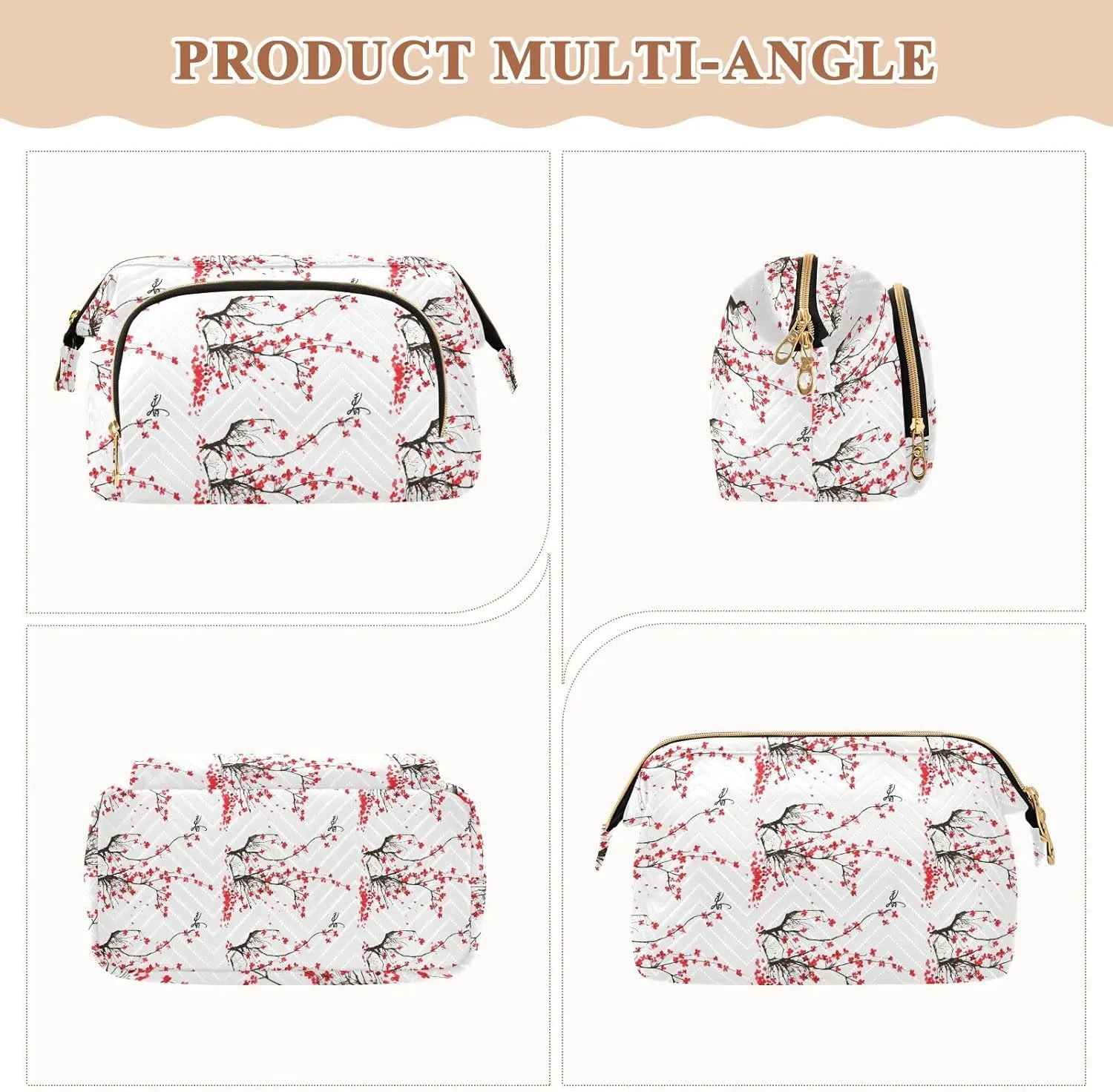 Japanese Cherry Tree Branches with Red Flowers on White Background Women Cosmetic Bag Makeup Bag Stylish Trip Beauty Bag Travel Toiletry Bag with Bottle Organizer 10.2 x 5.9 x 6.7 inch