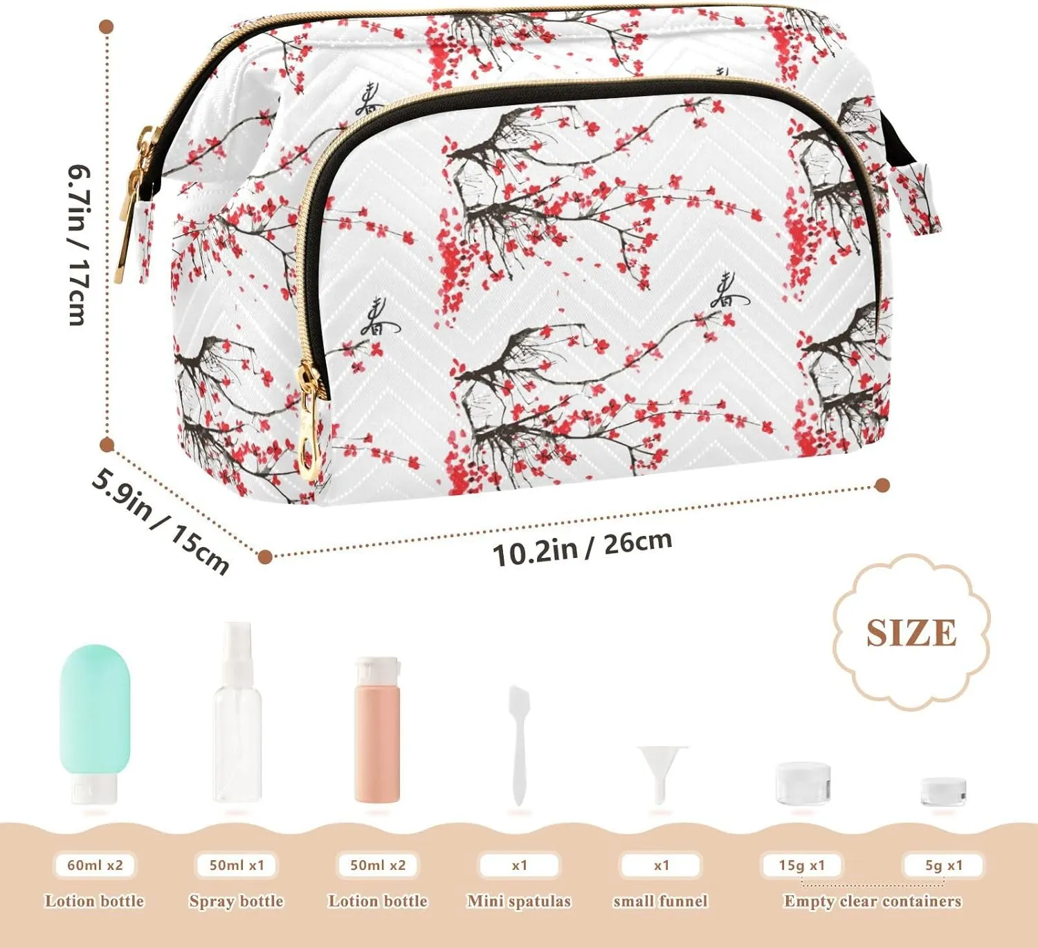 Japanese Cherry Tree Branches with Red Flowers on White Background Women Cosmetic Bag Makeup Bag Stylish Trip Beauty Bag Travel Toiletry Bag with Bottle Organizer 10.2 x 5.9 x 6.7 inch