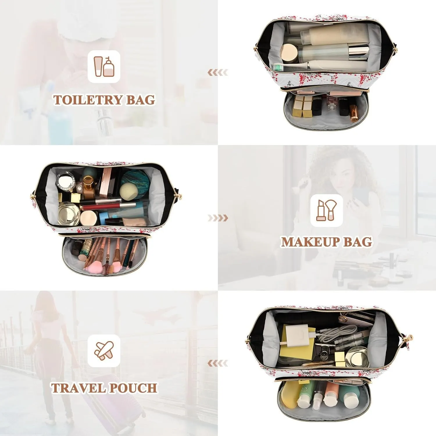 Japanese Cherry Tree Branches with Red Flowers on White Background Women Cosmetic Bag Makeup Bag Stylish Trip Beauty Bag Travel Toiletry Bag with Bottle Organizer 10.2 x 5.9 x 6.7 inch
