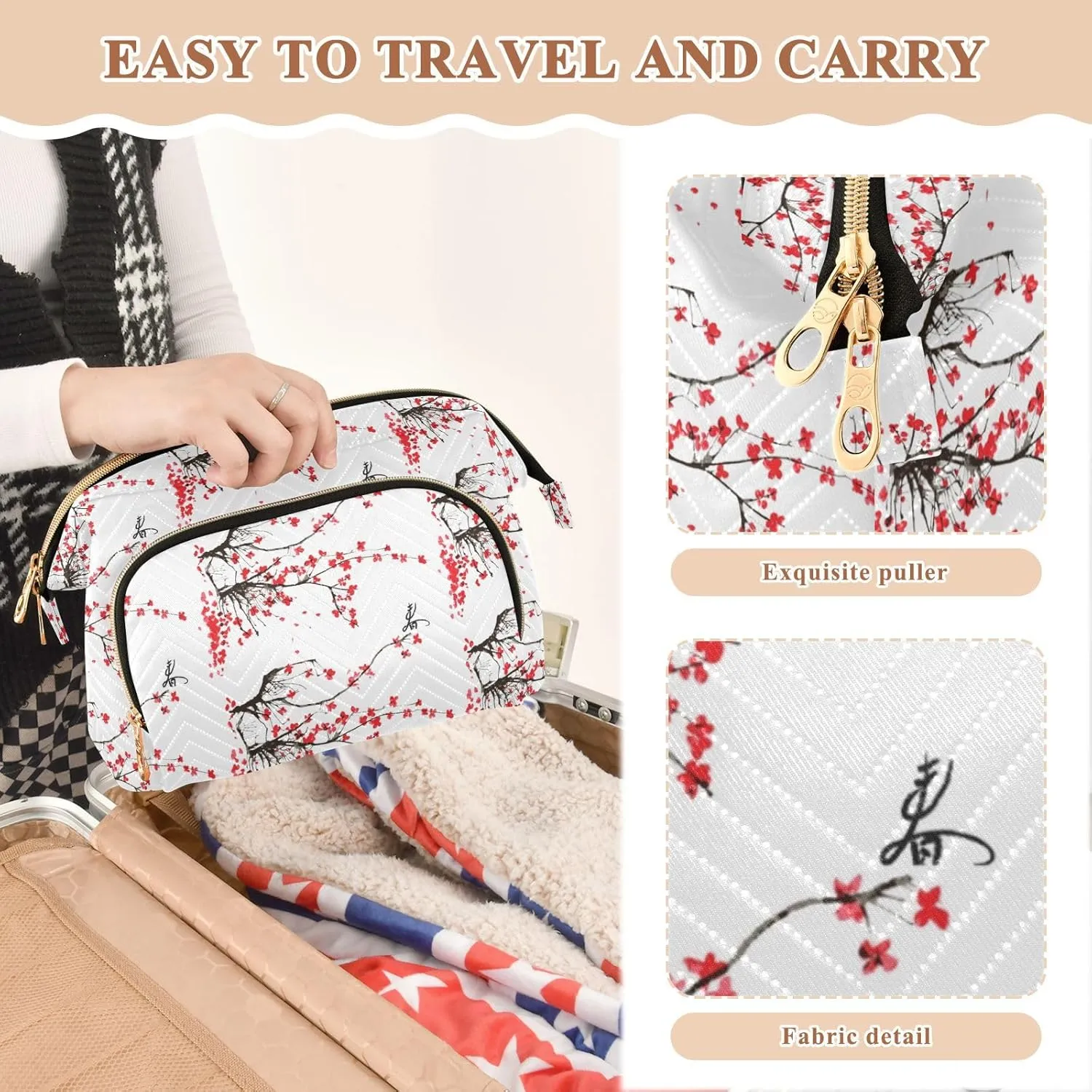 Japanese Cherry Tree Branches with Red Flowers on White Background Women Cosmetic Bag Makeup Bag Stylish Trip Beauty Bag Travel Toiletry Bag with Bottle Organizer 10.2 x 5.9 x 6.7 inch