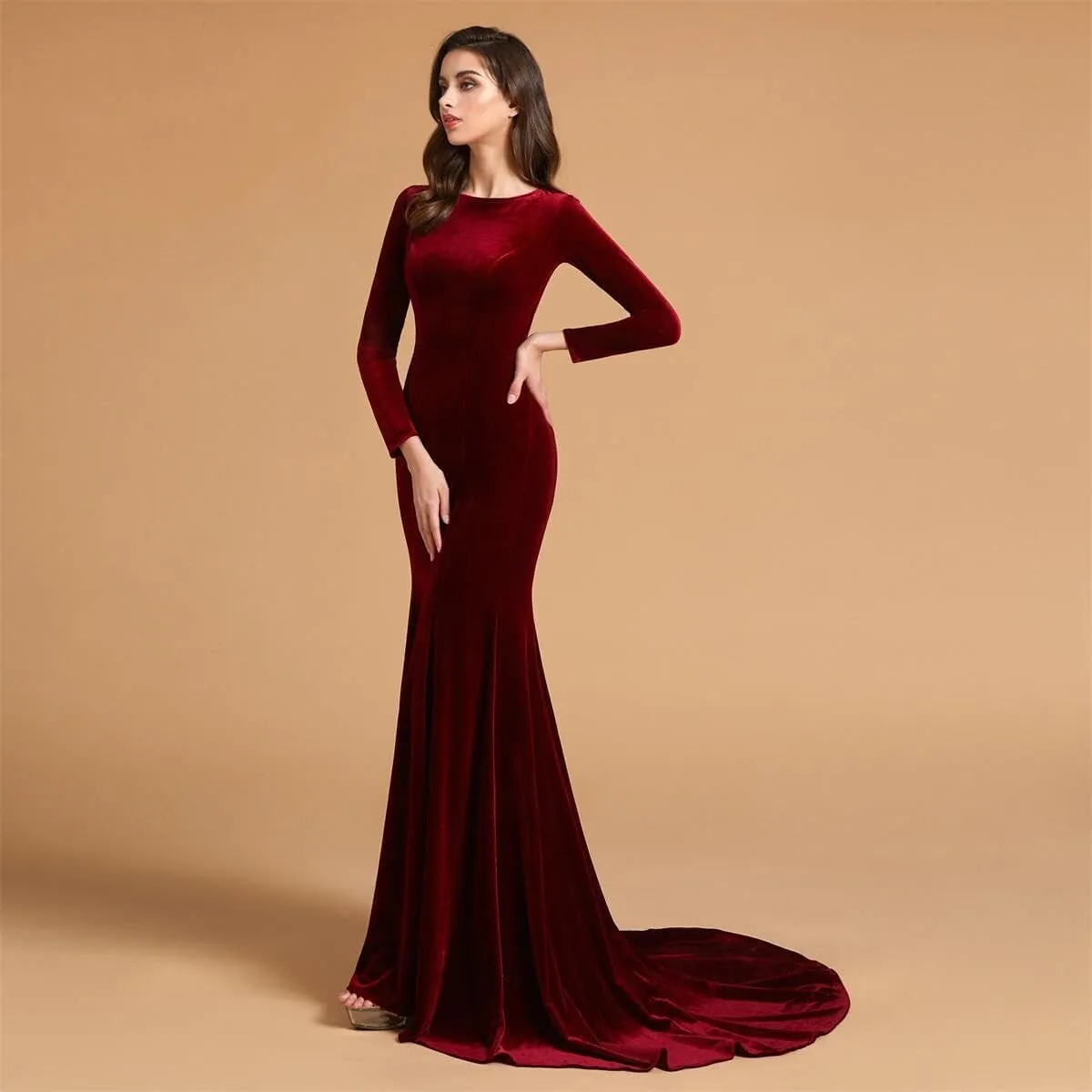 Jewel Neck Velvet Long Sleeves Evening Prom Dresses Mermaid Court Train Party Gowns Formal Zipper Back pp124