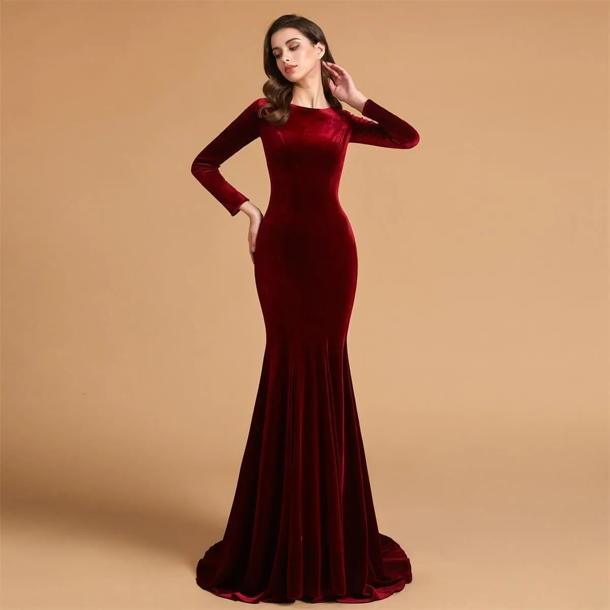 Jewel Neck Velvet Long Sleeves Evening Prom Dresses Mermaid Court Train Party Gowns Formal Zipper Back pp124