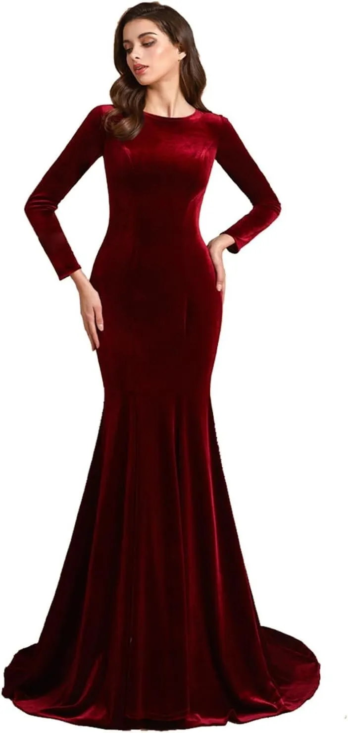 Jewel Neck Velvet Long Sleeves Evening Prom Dresses Mermaid Court Train Party Gowns Formal Zipper Back pp124