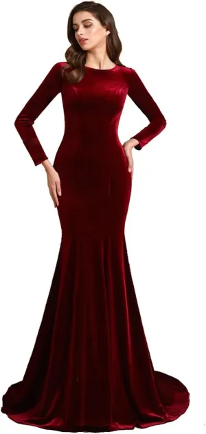 Jewel Neck Velvet Long Sleeves Evening Prom Dresses Mermaid Court Train Party Gowns Formal Zipper Back pp124