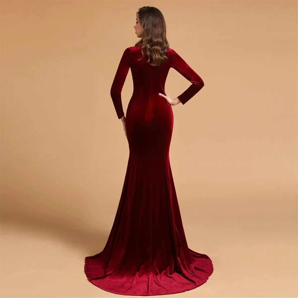 Jewel Neck Velvet Long Sleeves Evening Prom Dresses Mermaid Court Train Party Gowns Formal Zipper Back pp124