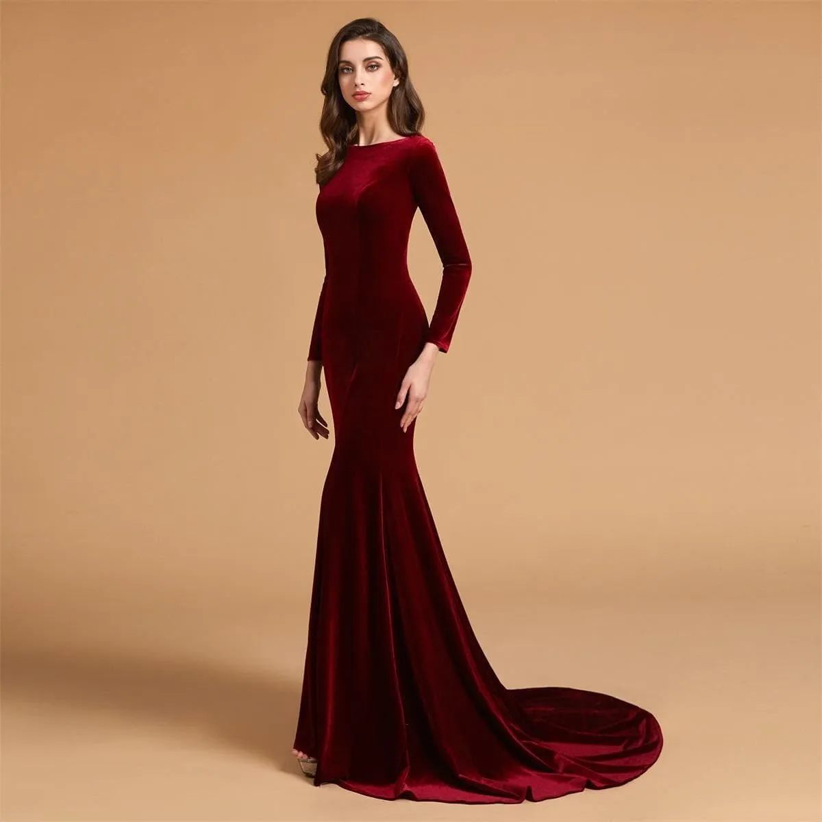 Jewel Neck Velvet Long Sleeves Evening Prom Dresses Mermaid Court Train Party Gowns Formal Zipper Back pp124