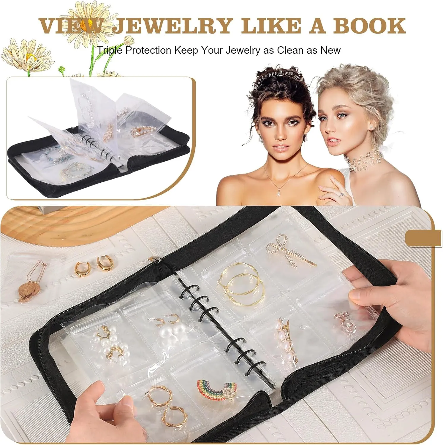 Jewellery Storage Organizer Travel Transparent Set for Necklace, Ring, Earring (Black, 2 Set of Jewelry Book)