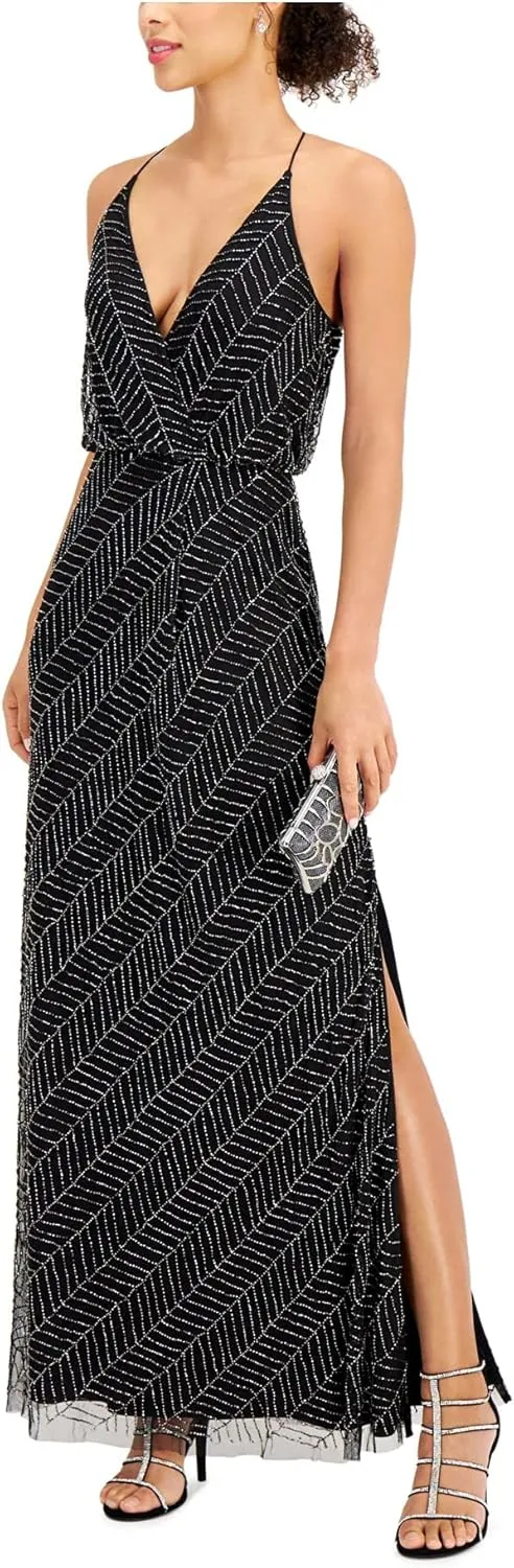 JKARA Womens Black Beaded Slitted Halter Maxi Evening Sheath Dress 10