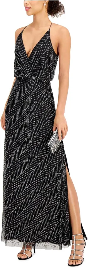 JKARA Womens Black Beaded Slitted Halter Maxi Evening Sheath Dress 10