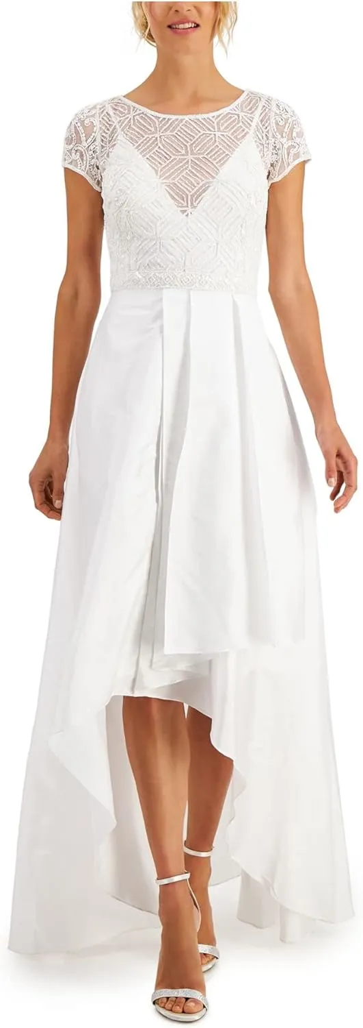 JKARA Womens White Zippered Beaded Overlay Lined Sleeveless V Neck Full-Length Evening Hi-Lo Dress S