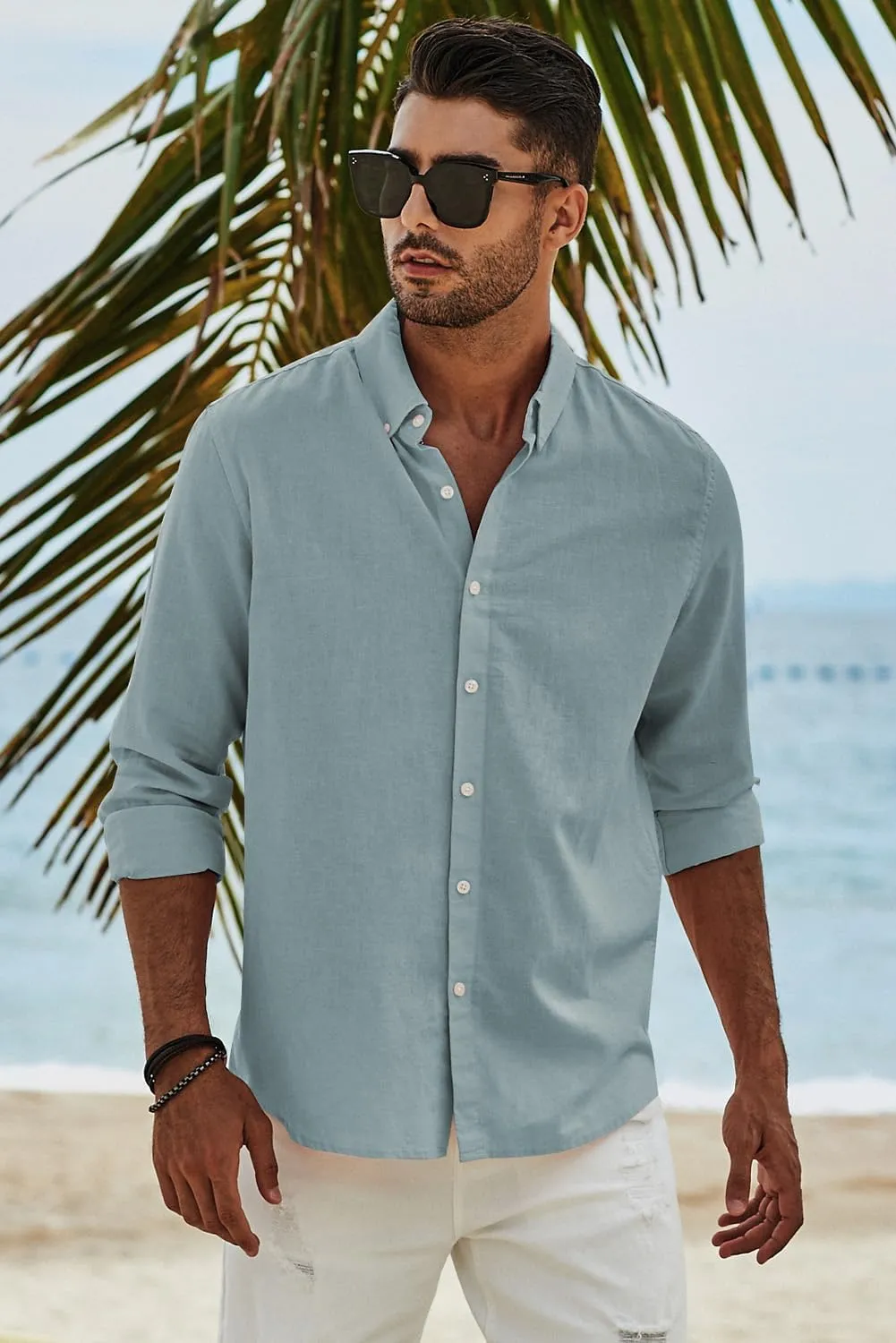 JMIERR Men's Cotton Linen Button Down Shirt Casual Stylish Long Sleeve Business Dress Shirts