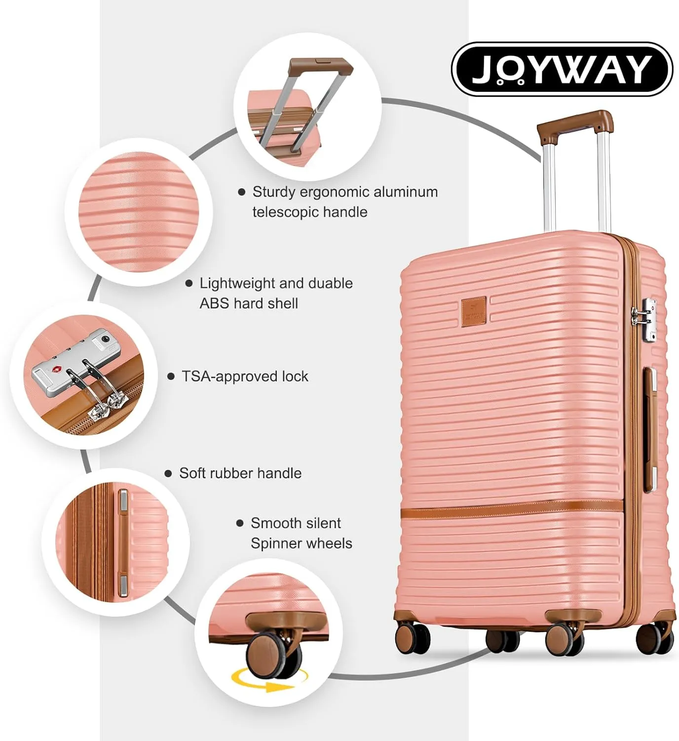 Joyway Luggage Set 3 Piece Suitcase Sets with Spinner Wheel,Hardside Expandable Travel Laggage with TSA Lock (13/20/24/28 Pink brown