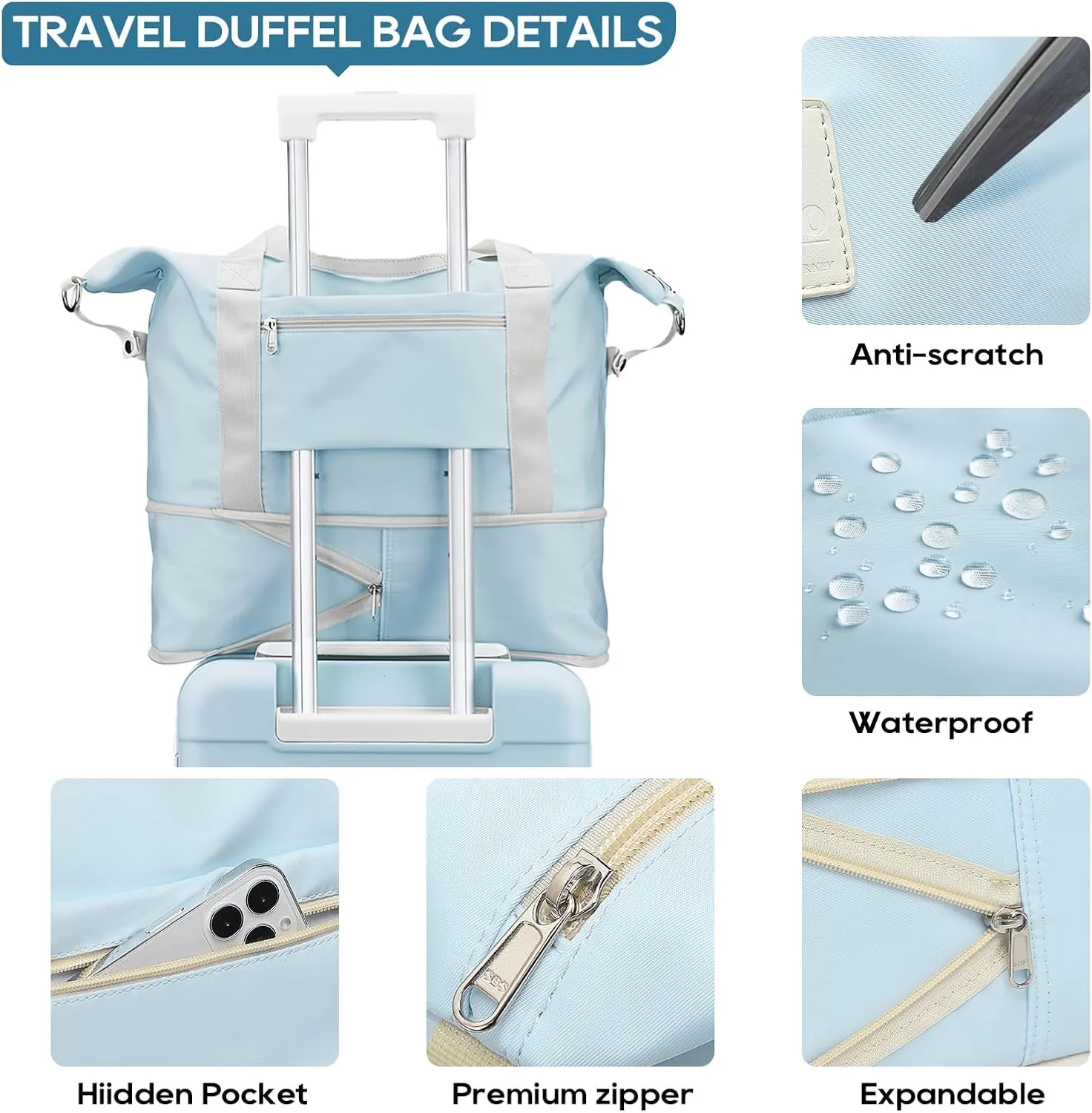 JOYWAY Travel Gym Duffel Bag - Weekender Bags for Women, Large Tote Overnight Bag, Sports Shoulder Hospital Bag (Light Blue)