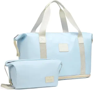 JOYWAY Travel Gym Duffel Bag - Weekender Bags for Women, Large Tote Overnight Bag, Sports Shoulder Hospital Bag (Light Blue)