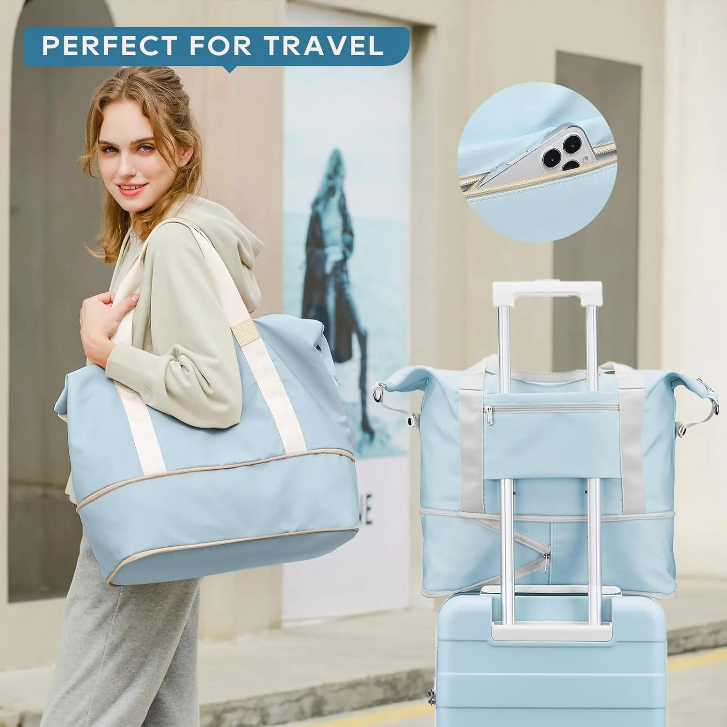 JOYWAY Travel Gym Duffel Bag - Weekender Bags for Women, Large Tote Overnight Bag, Sports Shoulder Hospital Bag (Light Blue)