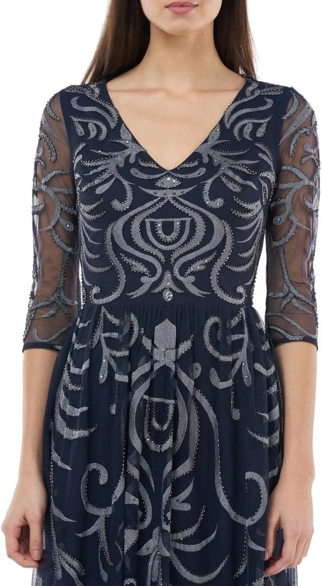 JS Collections Womens Beaded Embroidered Evening Dress