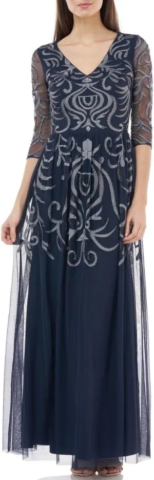 JS Collections Womens Beaded Embroidered Evening Dress