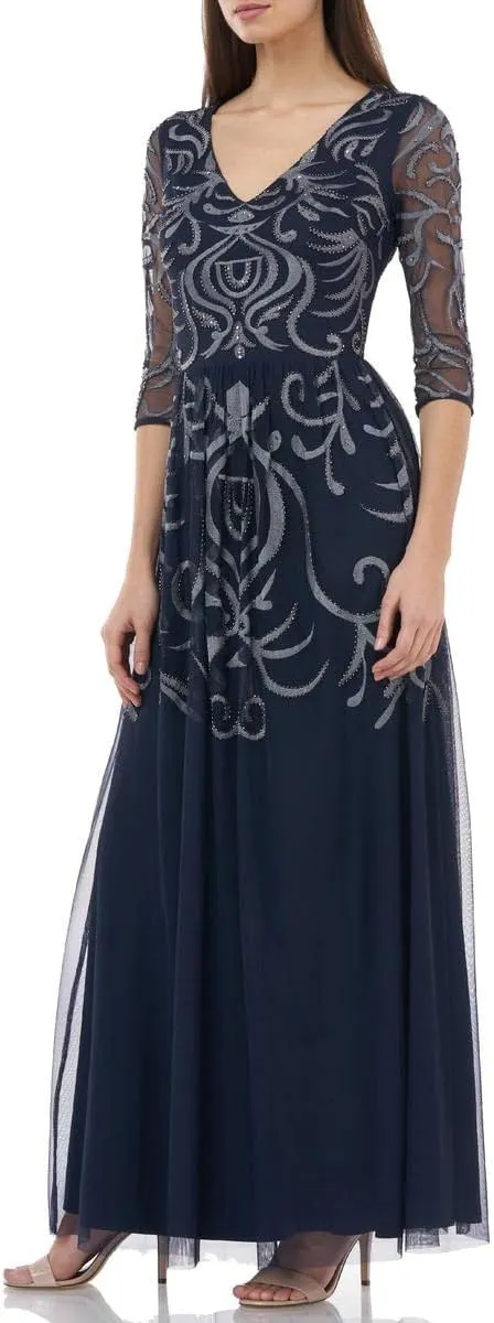 JS Collections Womens Beaded Embroidered Evening Dress