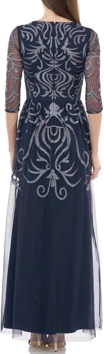 JS Collections Womens Beaded Embroidered Evening Dress