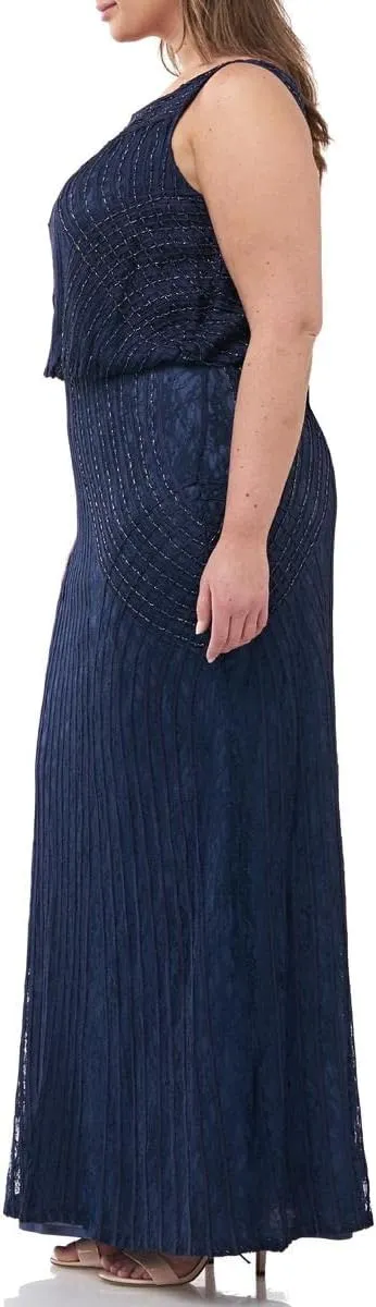 JS Collections Womens Plus Lace Beaded Evening Dress