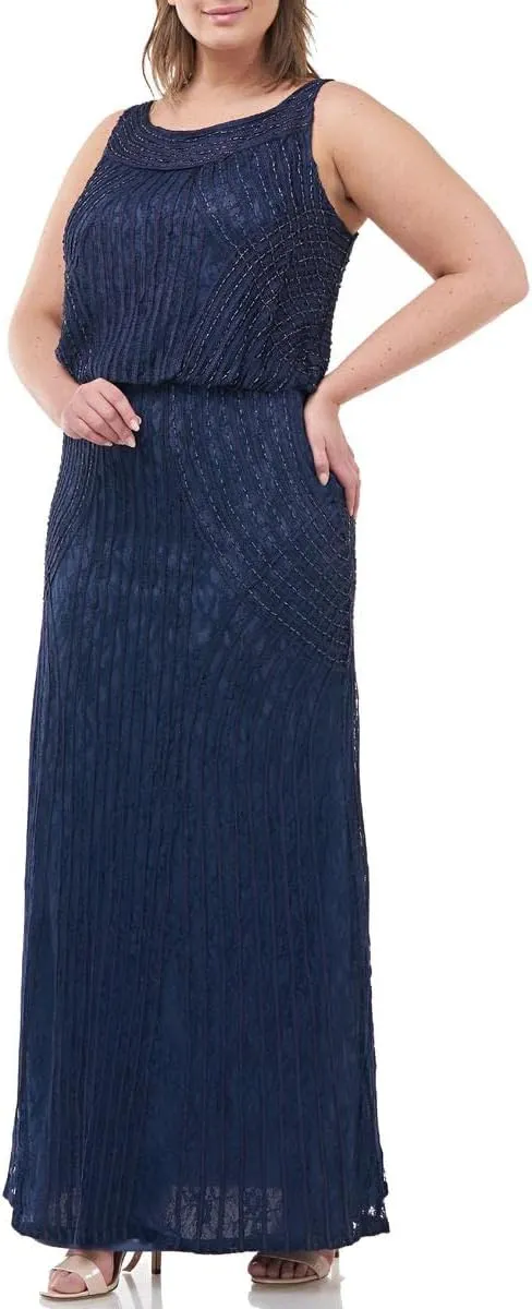 JS Collections Womens Plus Lace Beaded Evening Dress