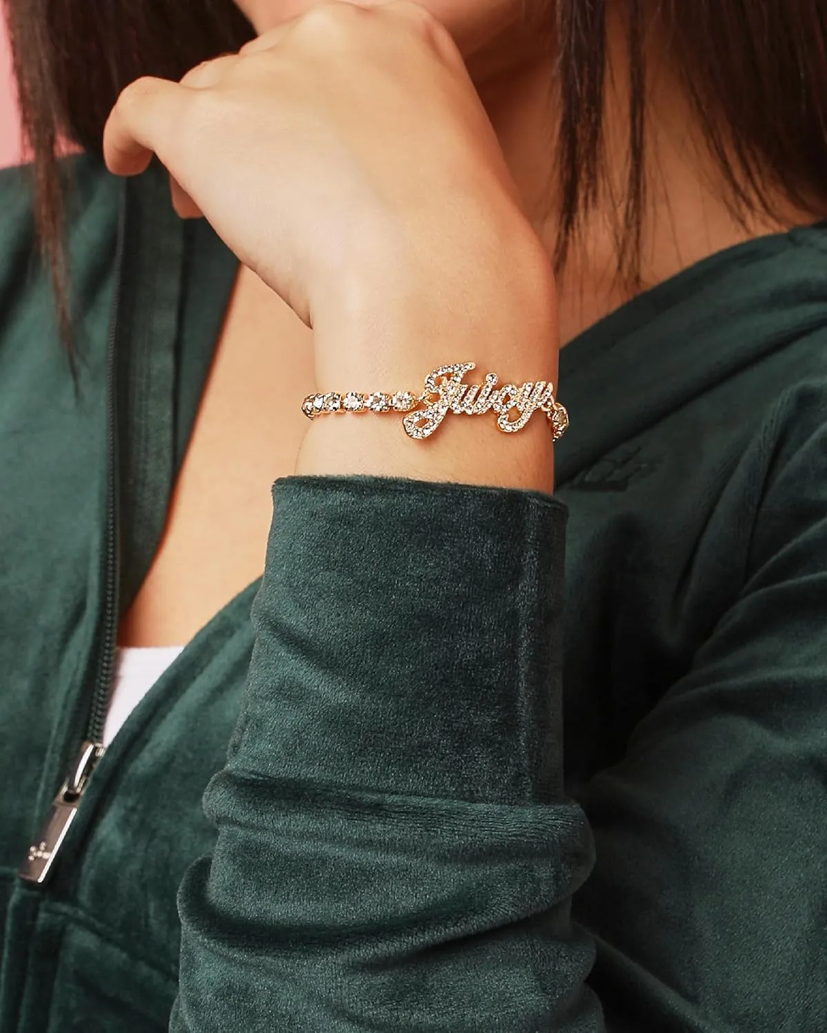 Juicy Couture Logo Clear Stone Bracelet for Women 7.5", Gold-Tone Bling Juicy Bracelet