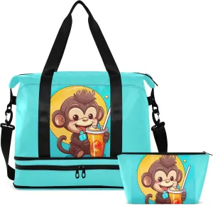 Kawaii Monkey Juice Gym Bag for Women & Men,Duffel Bag with Shoe Pocket,Weekender Overnight Bag with Trolley Sleeve for Travel 21217209